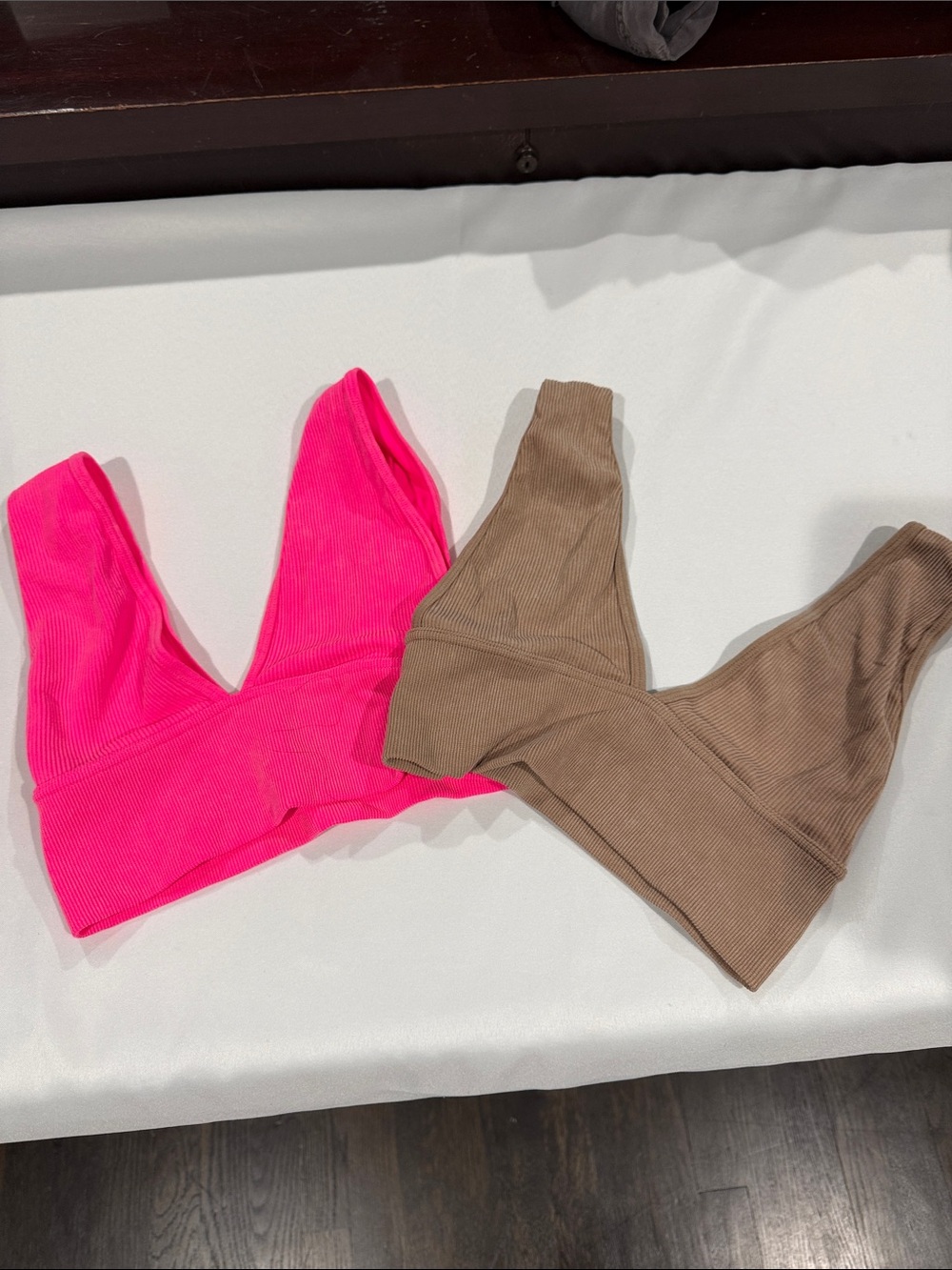 Ribbed V-Neck Bralette — Hot Pink & Brown